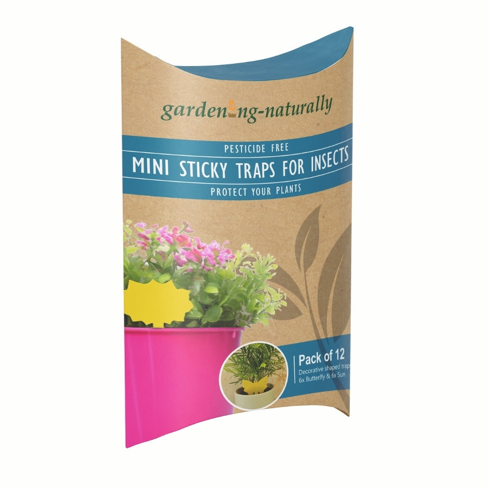 Pack of mini sticky traps for insects with 'garden.naturally' branding on a white background.