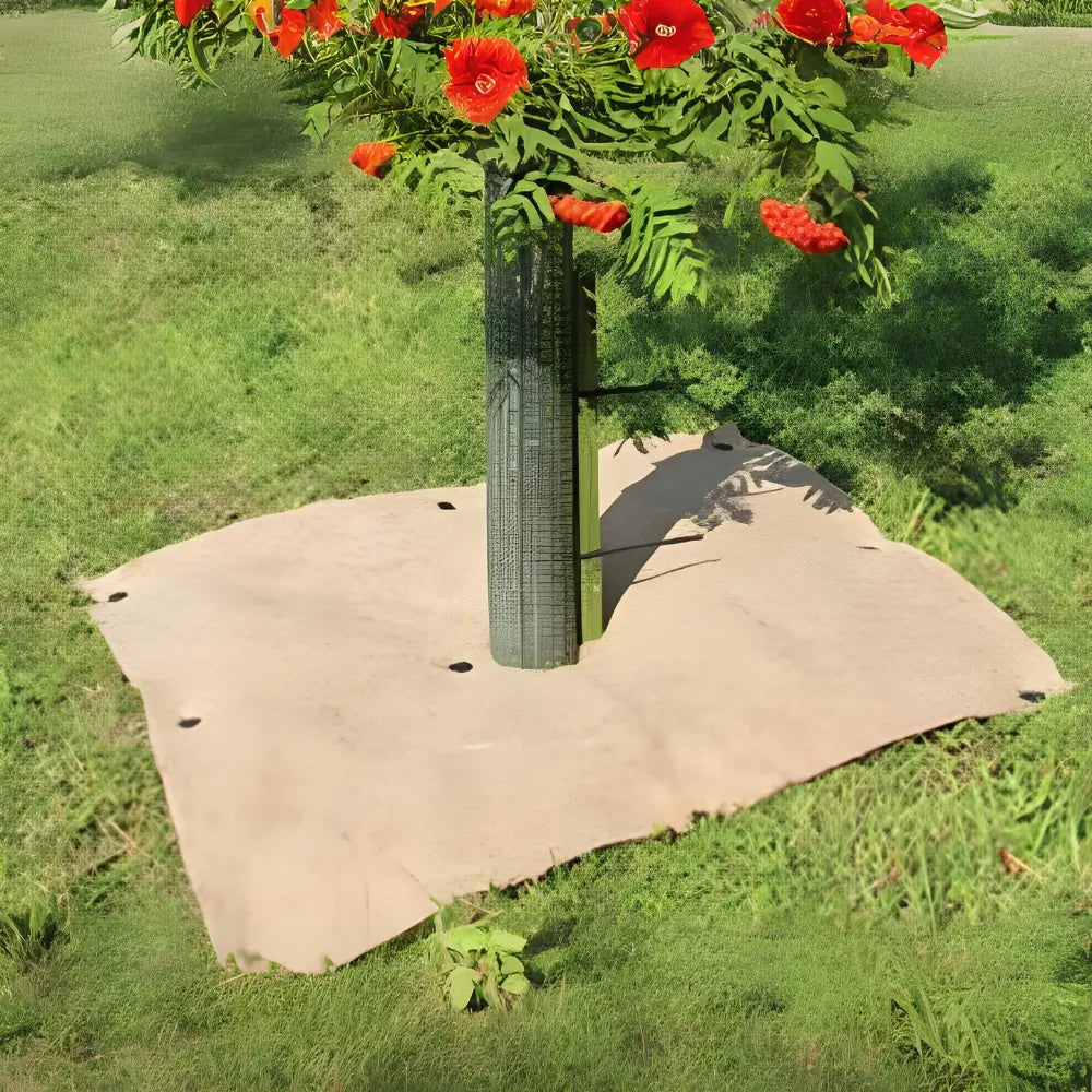A square tan tree mulch guard protecting a tree trunk from damage 