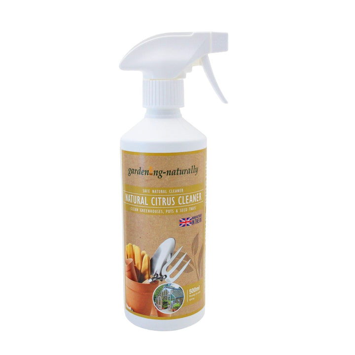 A white spray bottle of gardening-naturally Natural Citrus Cleaner.