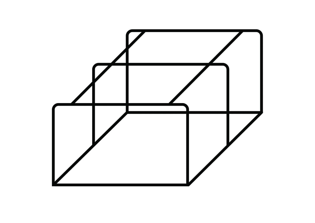 Black and white line drawing of a three-dimensional cube with grid lines