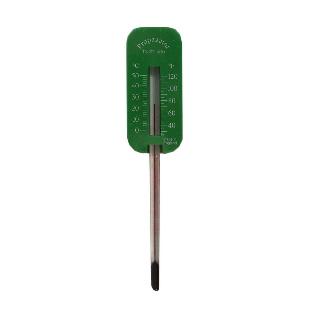 A green digital propagator thermometer  featuring scales in Celsius and Fahrenheit.
