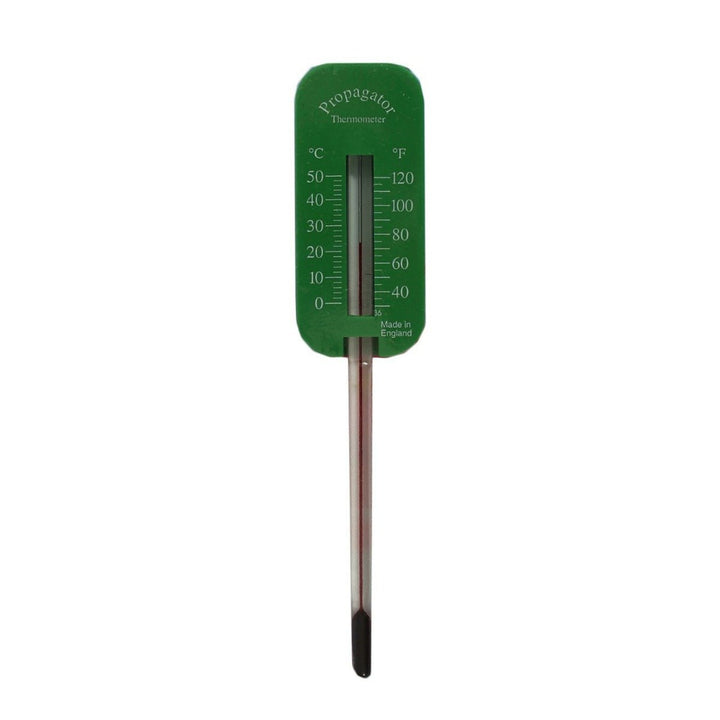 A green digital propagator thermometer  featuring scales in Celsius and Fahrenheit.