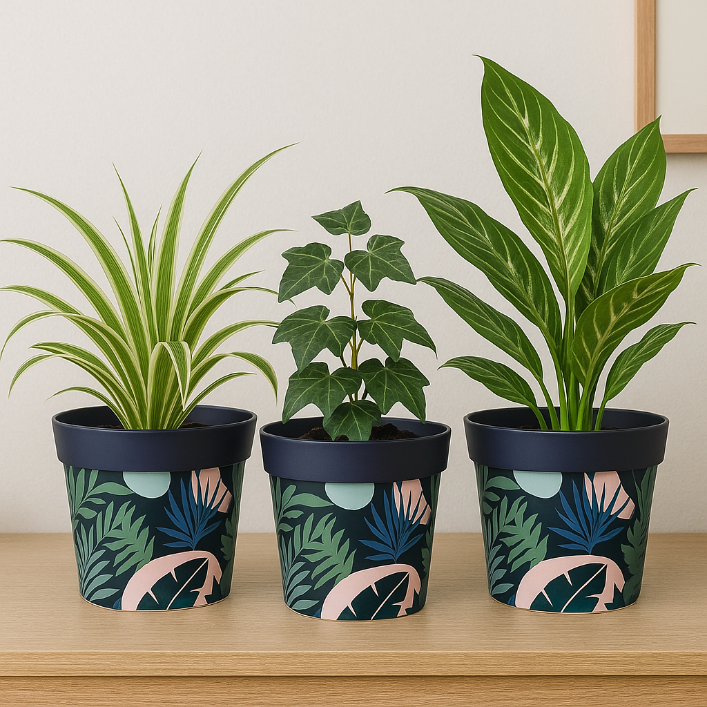 Three potted plants in decorative pots with leaf patterns on a wooden surface.