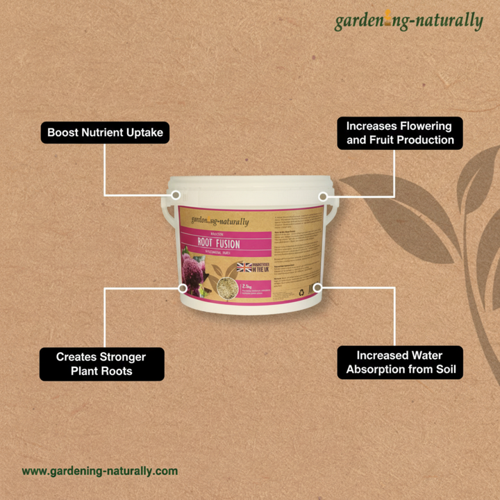 A white plastic tub of Garden Naturally Root Fusion plant fertiliser.