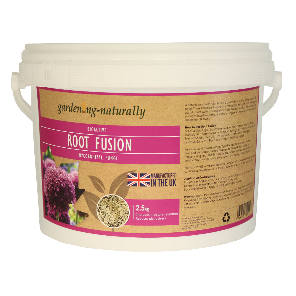A white plastic tub of garden.ng-naturally Root Fusion Micorrhizal Fungi.