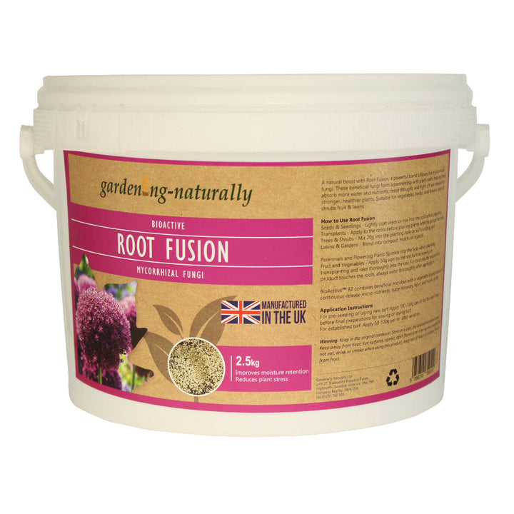 A white plastic tub of garden.ng-naturally Root Fusion Micorrhizal Fungi.