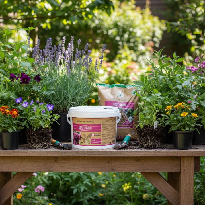 A white bucket of Rosefin Garden Fertiliser sits on a wooden table outdoors. 
