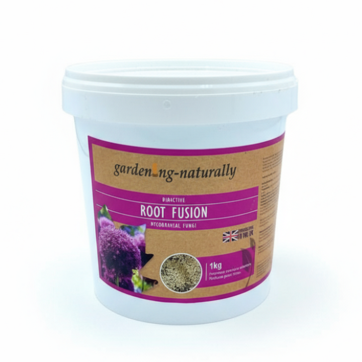 A white plastic tub of gardening-naturally Root Fusion composting media.