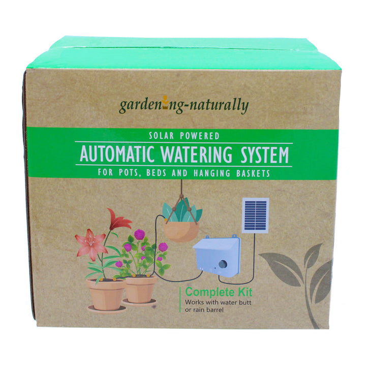 Box packaging of a solar-powered automatic watering system for plants with 'garden-naturally' branding.