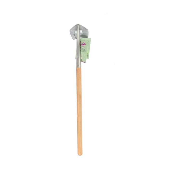 A garden hand hoe with a wooden handle and a silver metal head.