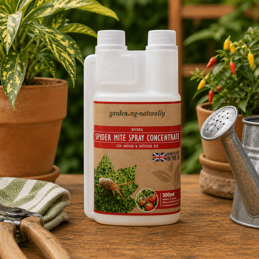 Spider mite spray concentrate bottle on a wooden table with gardening tools.