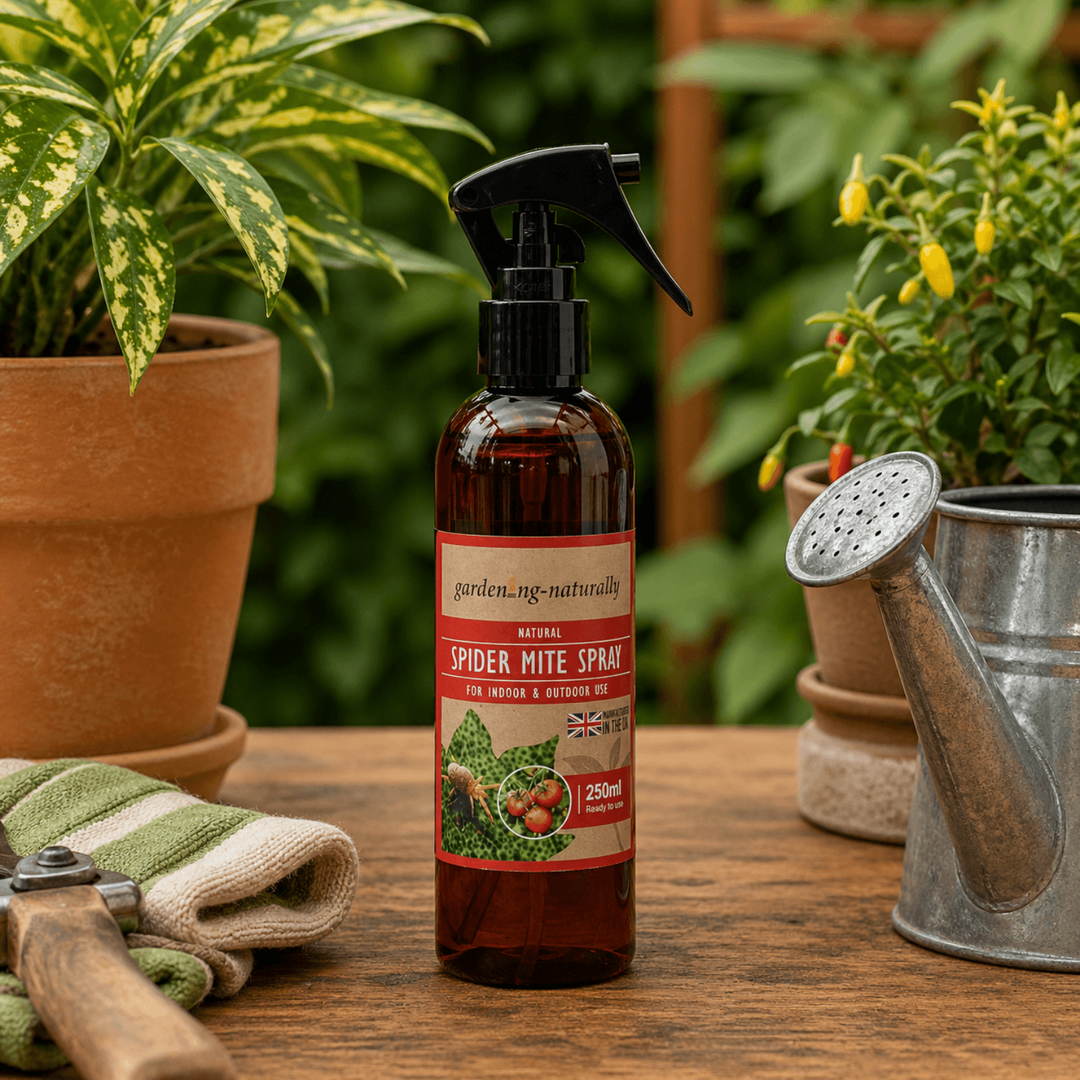 Spider mite spray bottle on a wooden table with gardening tools and plants.