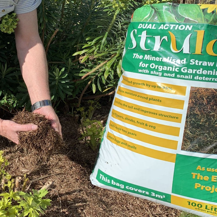 A person's hands holding a handful of brown organic compost or straw mulch.