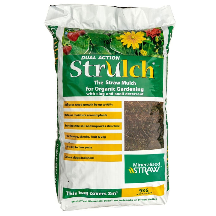 A 9kg bag of Strulch Dual Action Mineralised Straw Mulch for organic gardening.