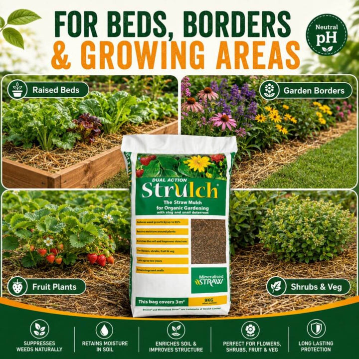 Struch straw mulch infographics showing where to use.