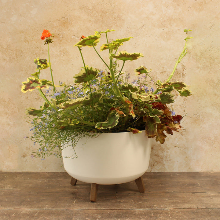 White round planter with legs full of flowers on a wooden floor